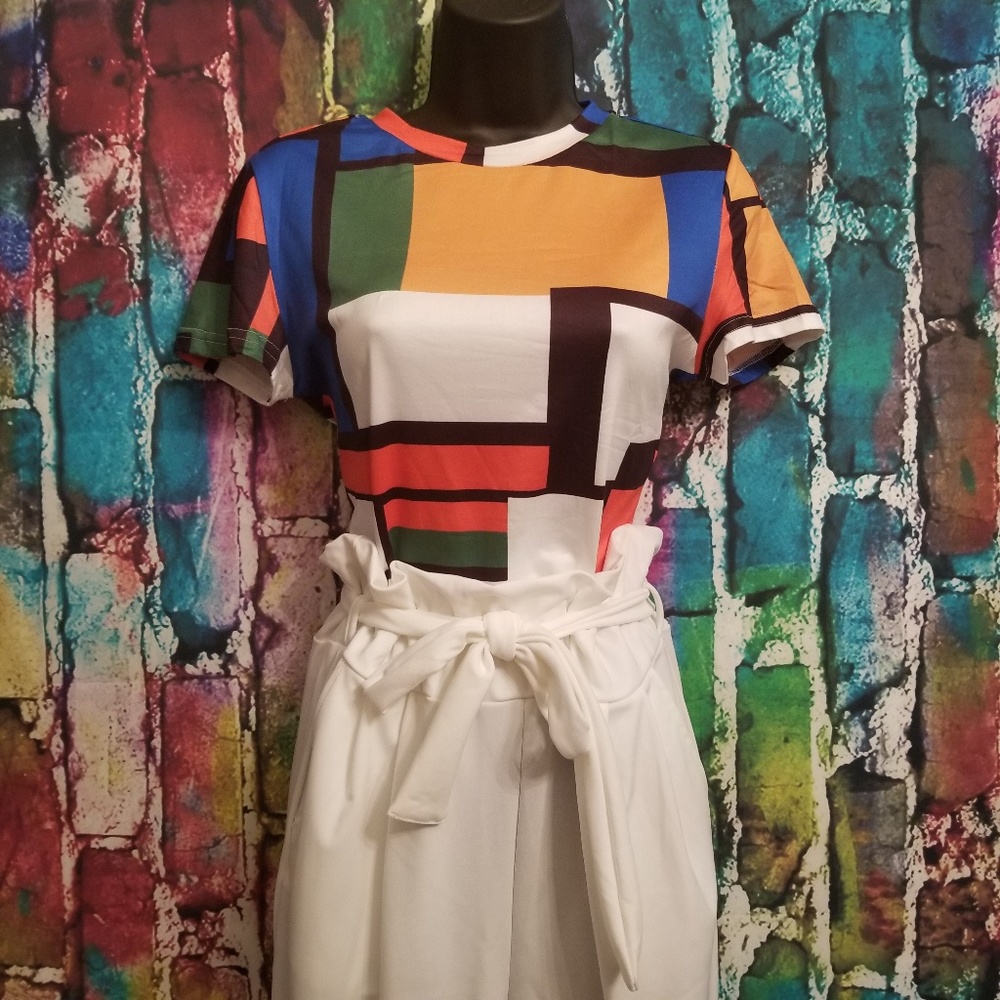 Color Block Print Bodycon Top